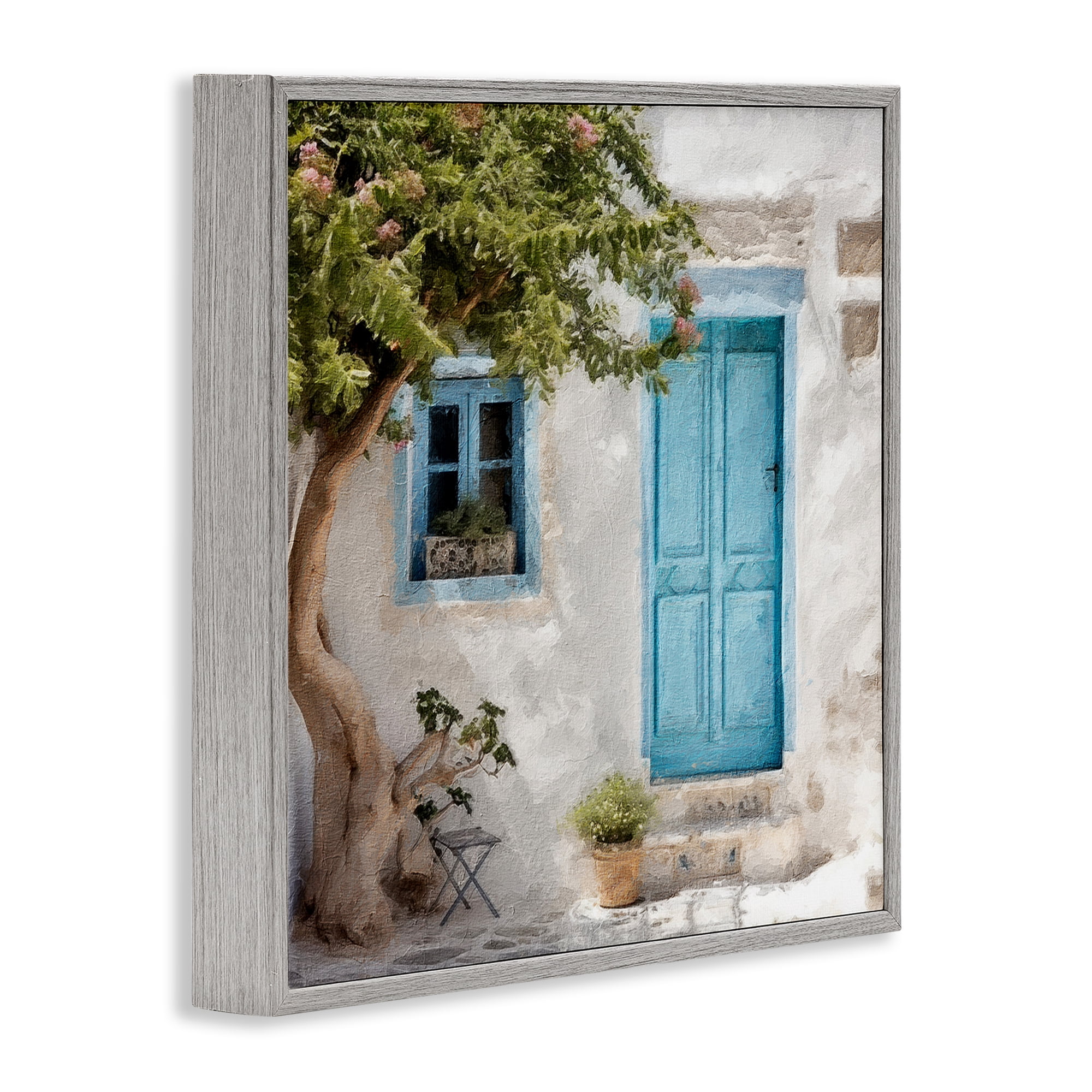 Stupell Industries Blue Door & Tree Town & City Painting Gray Framed Art Print Wall Art, 12 x 12