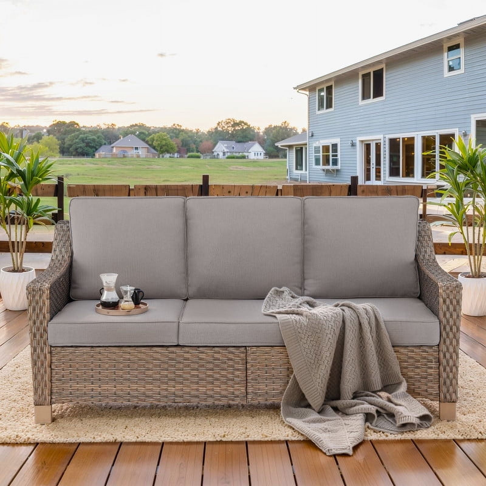PARKWELL 5 Pieces Outdoor Patio Furniture Set 7-Seat High Back Wicker Conversation Set with Swivel Glider Chairs and Ottomans for Balcony Yard,Brown Wicker Gray Cushion