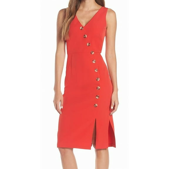 Vince Camuto Womens Embellished Bodycon Asymmetrical Button-Through V-Neck Dress Red 4
