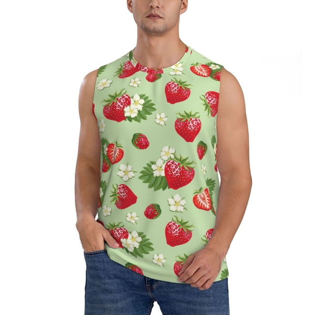 Fotbe Strawberry Floral Men's Camiseta sin Mangas Estampada para Hombres, Playera Casual para Gimnasio, Entrenamiento, Playa-Medium