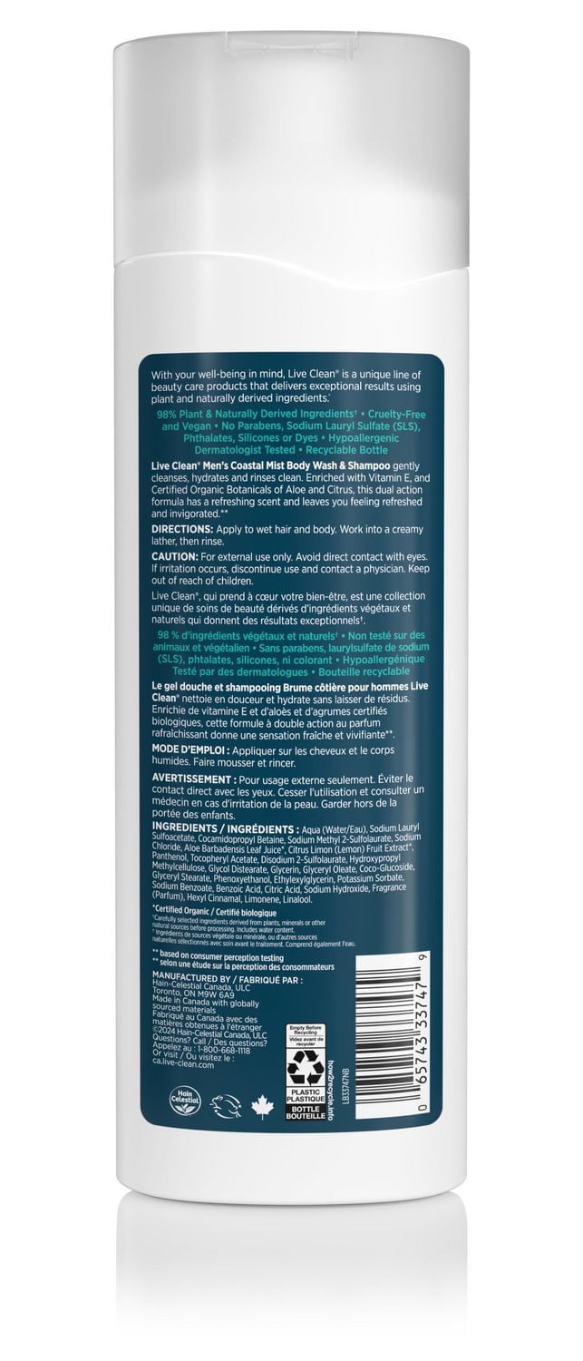 Live Clean pour Hommes Brume Côtière 2-en-1 Gel Douche & Shampooing