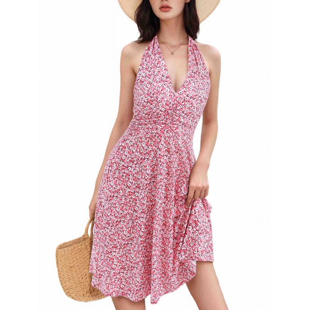 Robe d'Été Sans Manches Portefeuille à Col en V à Fleurs pour Femme, Mini, Rose, G