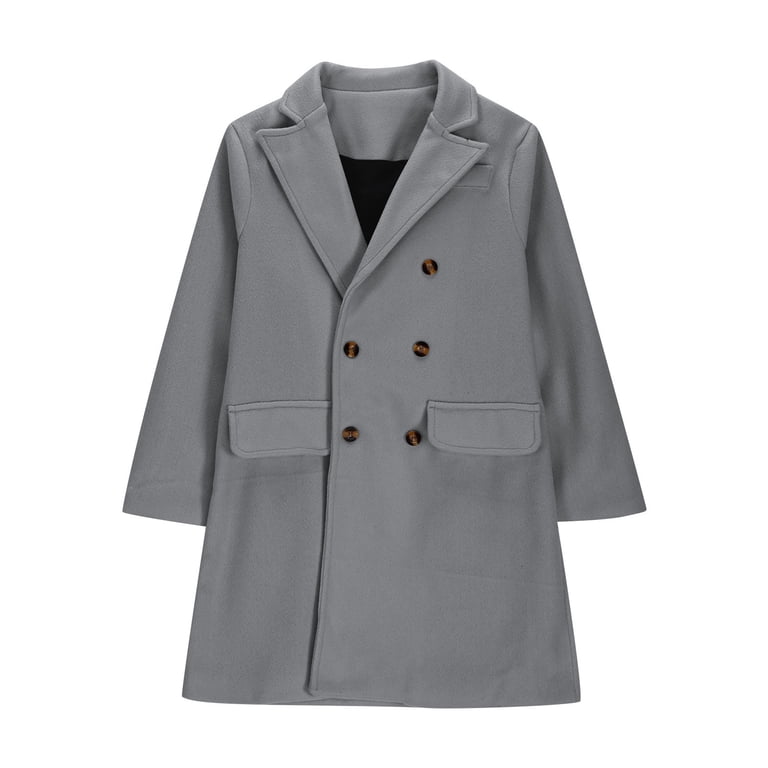 purcolt Boys Double Breasted Trench Coat Notched Lapel Collar Pea