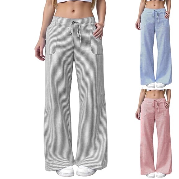 Delayuji Striped Linen Pants for Women Wide Leg Pant Elastic Waist Lightweight Casual Pants Trousers Streestwear