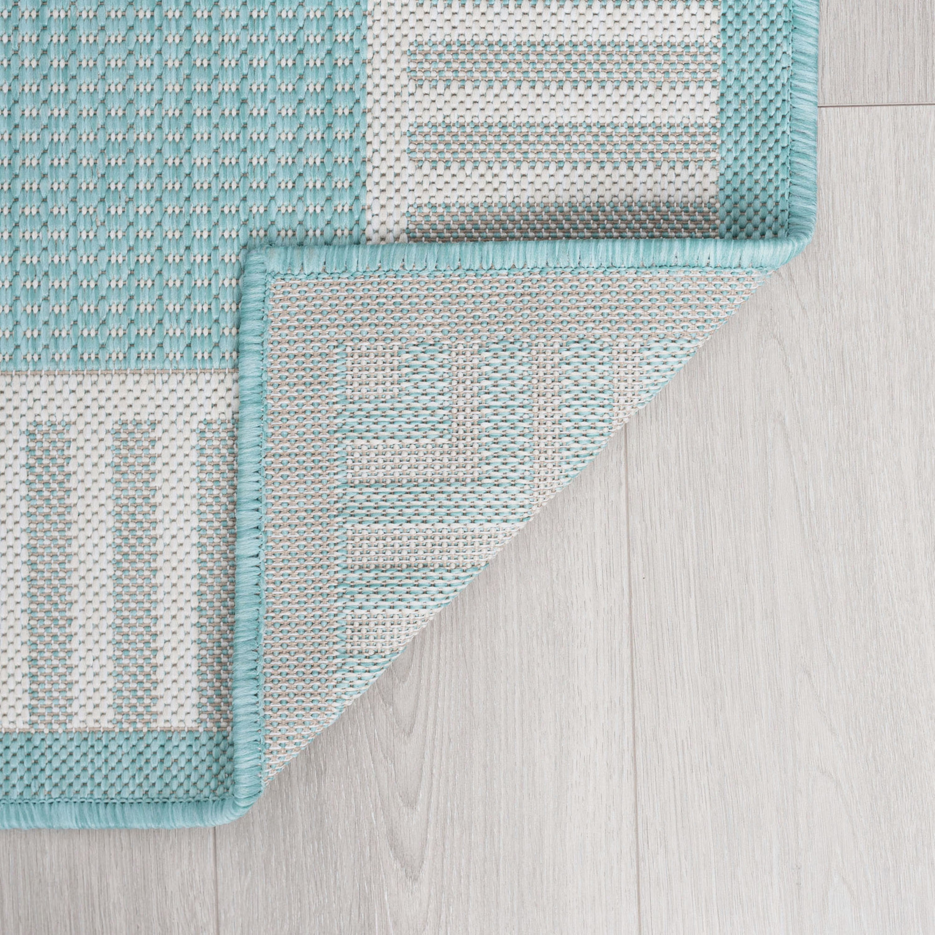 Bliss Rugs Striped Border Indoor Outdoor Rug Low-Profile Floor Mat for Patio, Entrance, Front Door |Aqua, 2' x 3'