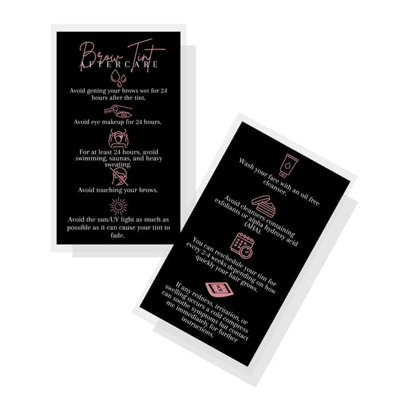 Boutique Marketing LLC Tarjeta de cuidado posterior para tinte de cejas | Paquete de 50 | Tarjetas de visita de 2 x 3,5 pulgadas | Negro mate con diseño rosa rosado.