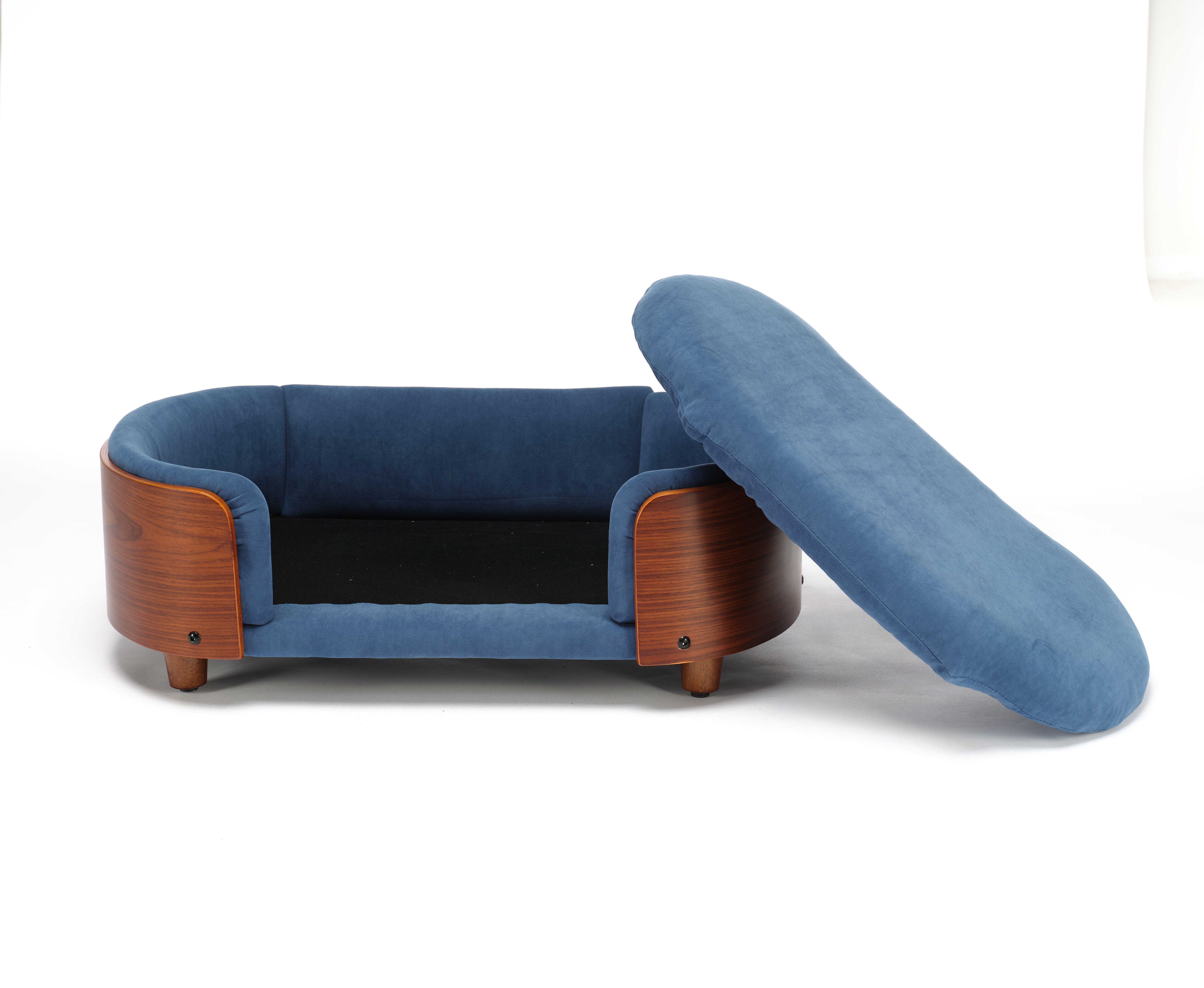 Elevated Dog Bed Pet Sofa, Small Size with Solid Wood Legs & Walnut Bent Wood Back, Velvet Dark Blue Orthopedic Pet Couch
