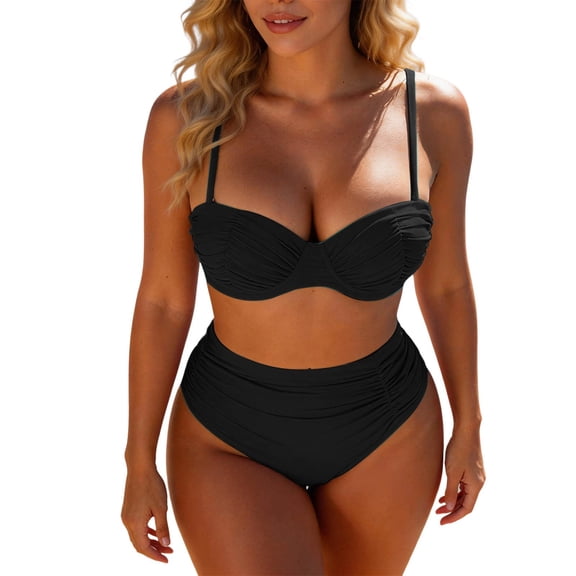 Womens Bikini Sets Women's Two Piece Swimwear Bikini Top with High Waist Bottoms Solid Color Tankini Spaghetti Strap Sleeveless Black L