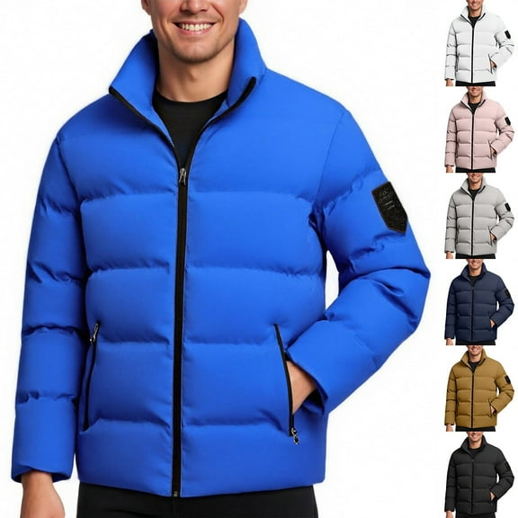 Men's Puffer Jacket Winer Coat Warm Down Jackets with Zipper and Pockets Stand-up Collar Long Sleeved Lightweight Winer Outwear Blue L