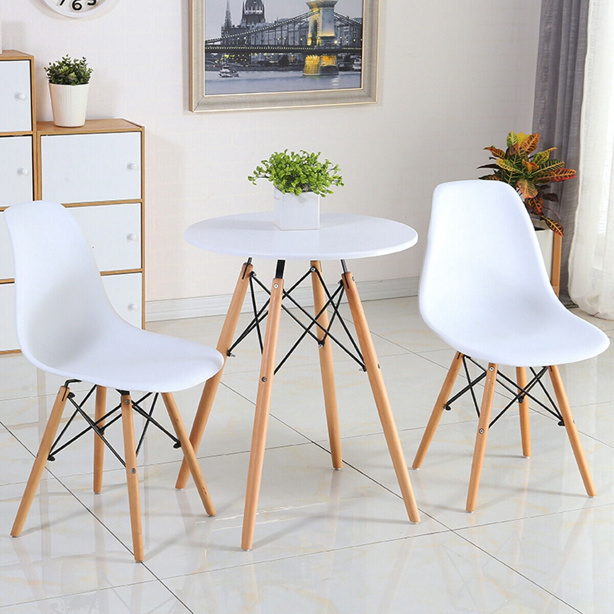 Costway Set of 2 Mid Century Modern Style Dining Side Chair Wood Leg White