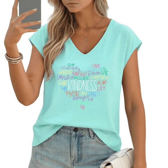 UNISHE Women's "KINDNESS" Heart-Shaped Positive Words V-Neck Sleeveless T-Shirt Casual Summer Tank Top