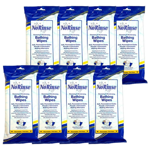 Cleanlife Products No-rinse Bathing Wipes Alcohol-Free 8 x 8 Inch , 8 Packs of 8 Wipes (64 Count)