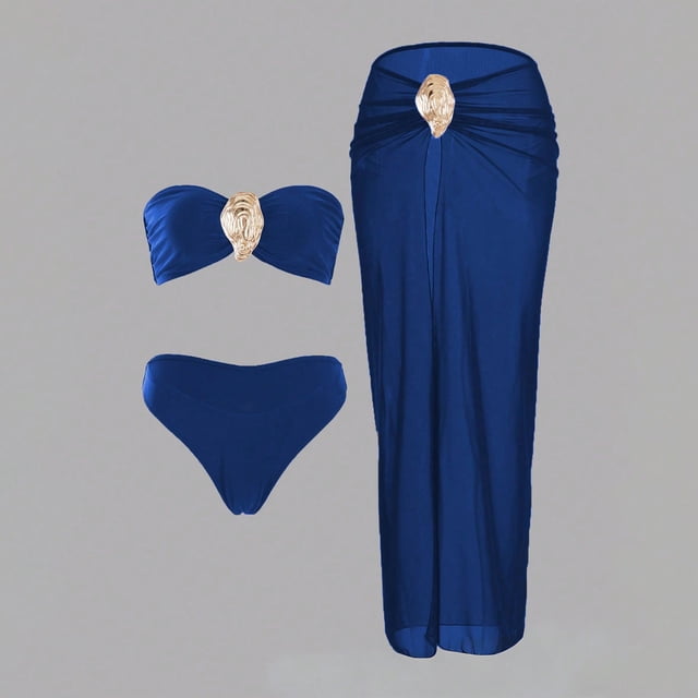 trajes de baño para mujer traje de baño de dos piezas de color liso de moda para mujer trajes de baño para mujer trajes de baño para mujer trajes de baño de moda de playa para mujer Azul conjunto de dos piezas con top bandeau de relleno removible y broche dorado central, braga de talle medio y falda pareo larga con nudo fruncido; vista frontal sobre fondo neutro, talla M (busto 64–70 cm).