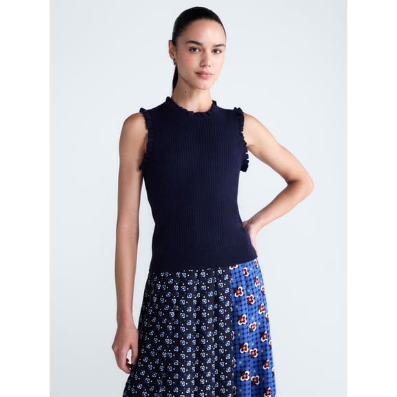 Free Assembly Women's Ruffle Trim Pointelle Sweater Shell, Lightweight, Sizes XS-XXL