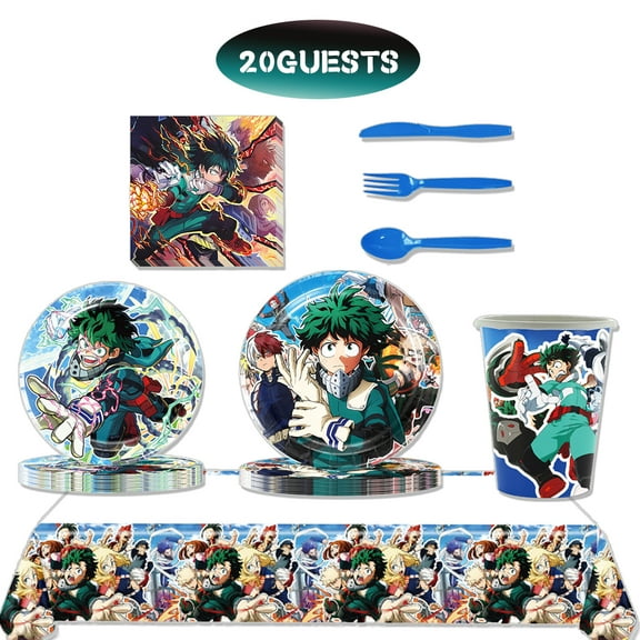 JMOCD 141Pcs Blue My Hero Academia Party Tableware Set, Birthday Party Supplies Decorations Set, tablecloth,Plates, Cutlery,Cups,20 Guests