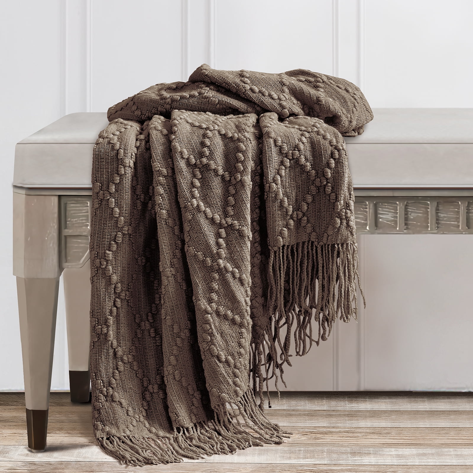 Bourina Throw Blanket Textured Solid Soft Throws and Blankets for Sofa or Bed Knitted Decorative Blanket 50 x70 Inches Jacquard Rhombu Brown for Adults