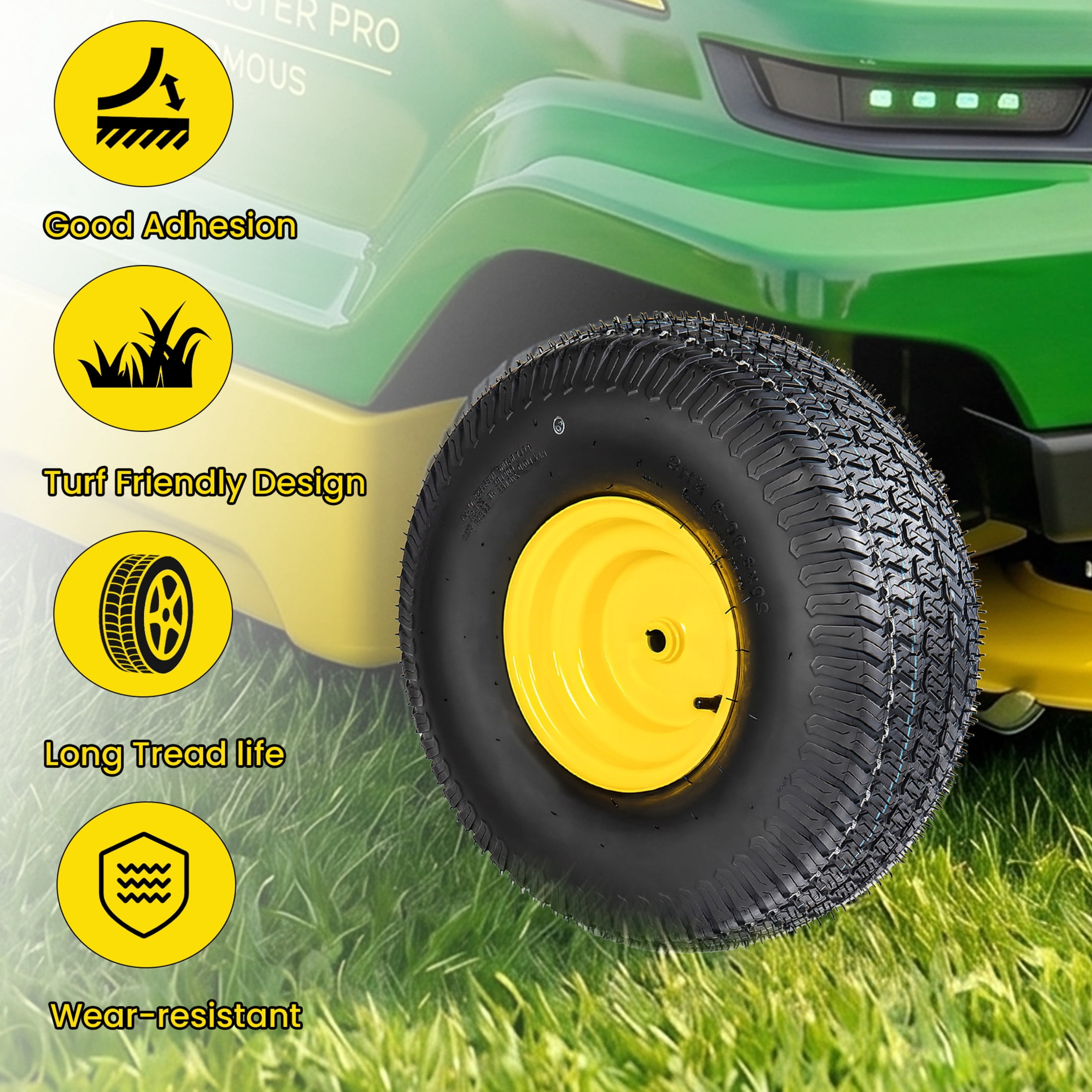 Noble House 20" x 8" Lawn Mower Tires & Wheel Assembly with Steel Rim, Tubeless Heavy Duty, Black & Yellow, Set of 2