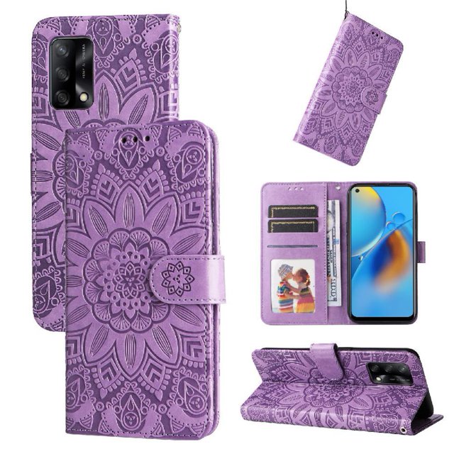 funda tipo cartera gangxun para oppo reno 6 lite morado con diseño girasol en relieve. Vista frontal y posterior que muestran cierre magnético con solapa y recorte para cámara; interior con tarjetero de tres ranuras y bolsillo para billetes; soporte plegable para ver videos. También usada como cartera compacta para viajes.
