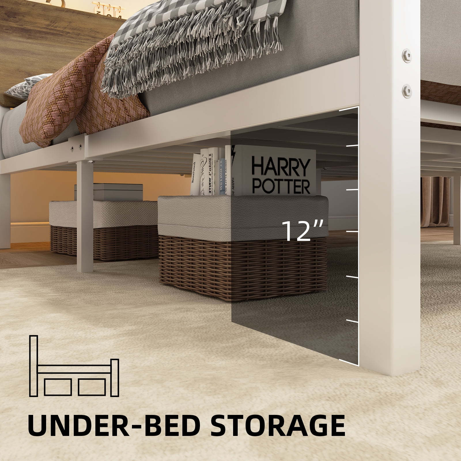 4 EVER WINNER Queen Bed Frame with Storage Headboard and LED Light, Metal Platform Bed Frame with Wooden Headboard, No Box Spring, Brown and White