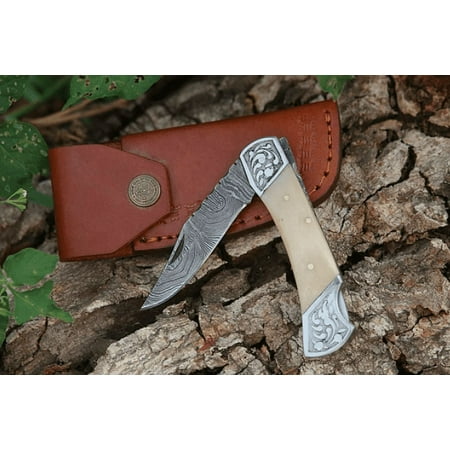Razor Sharp Damascus Steel Blade Pocket Knife With White Bone Handle Back Lock Folding.