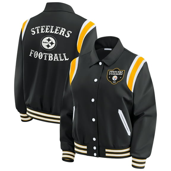 Women's WEAR by Erin Andrews Black Pittsburgh Steelers Varsity Lightweight Full-Snap Jacket