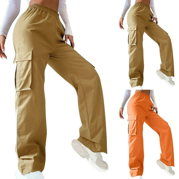 Miluxas Women's Casual Solid Color High Waist Wide Leg Straight Dress Pants Straight Leg Loose Trousers Orange 10(XL)