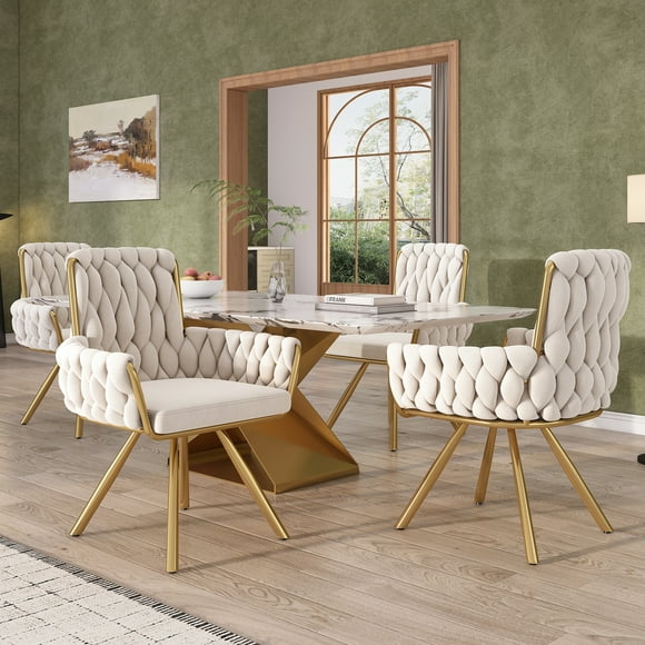 Noble House Set of 4, Velvet Dining Chairs, Luxurious Tufted Swivel Chair, beige