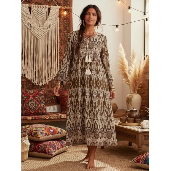 Vintage Chic Spring Women Lantern Sleeve Neck Tie Wild Floral Beach Bohemian Maxi Dress Ladies Rayon Holiday Boho Dress Robe