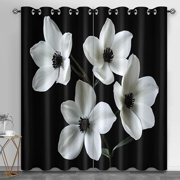 Magnolia Curtains for Bedroom, Black White Flowers 3D Printed Drapes, European Floral Blackout Curtains, Grommet Top Window Treatments for Living Room Kitchen 53"W x 84"L (Pack of 2)