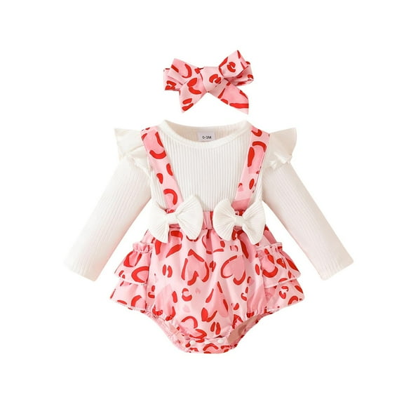 Rohuuque Girls' Three-Piece Outfit: Long Sleeved Jumpsuit with Bowtie, Elastic Waist Skirt & Headband in Solid Color 3 Months Pink