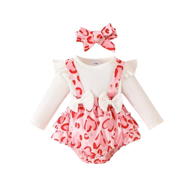 Odeerbi 0-18 Meses Niñas Conjunto de San Valentín Vestido Con Body de Algodón de Verano Y Cinta Para La Cabeza Conjunto de Dos Piezas Mono Con Volantes Con Estampado de Amor