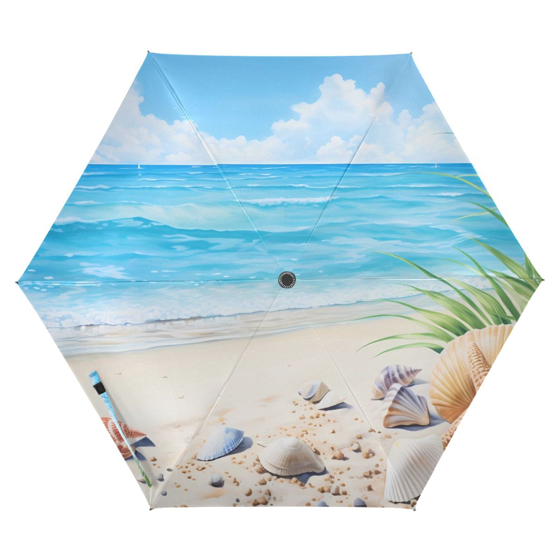 Seashell in Summer Beach Compact Folding Umbrella for Rain Windproof Travel Umbrella UPF 50+ Lightweight Packable Arc Size