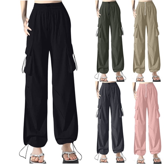 CHUMUD Cargo Pants for Women Petite Baggy High Waisted Casual Work Pants Stretchy Wide Leg Drawstring Y2K Streetwear Pants with Multi Pockets