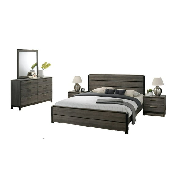 Roundhill Furniture Antique Grey Finish Wood Bed Room Set, King Bed, Dresser, Mirror, 2 Night Stands