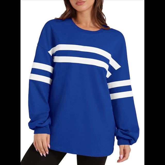 Sudadera Holgada A Rayas para Mujer, Cuello Redondo, Larga, Informal, con Bloques de Color, para Otoño Azul M