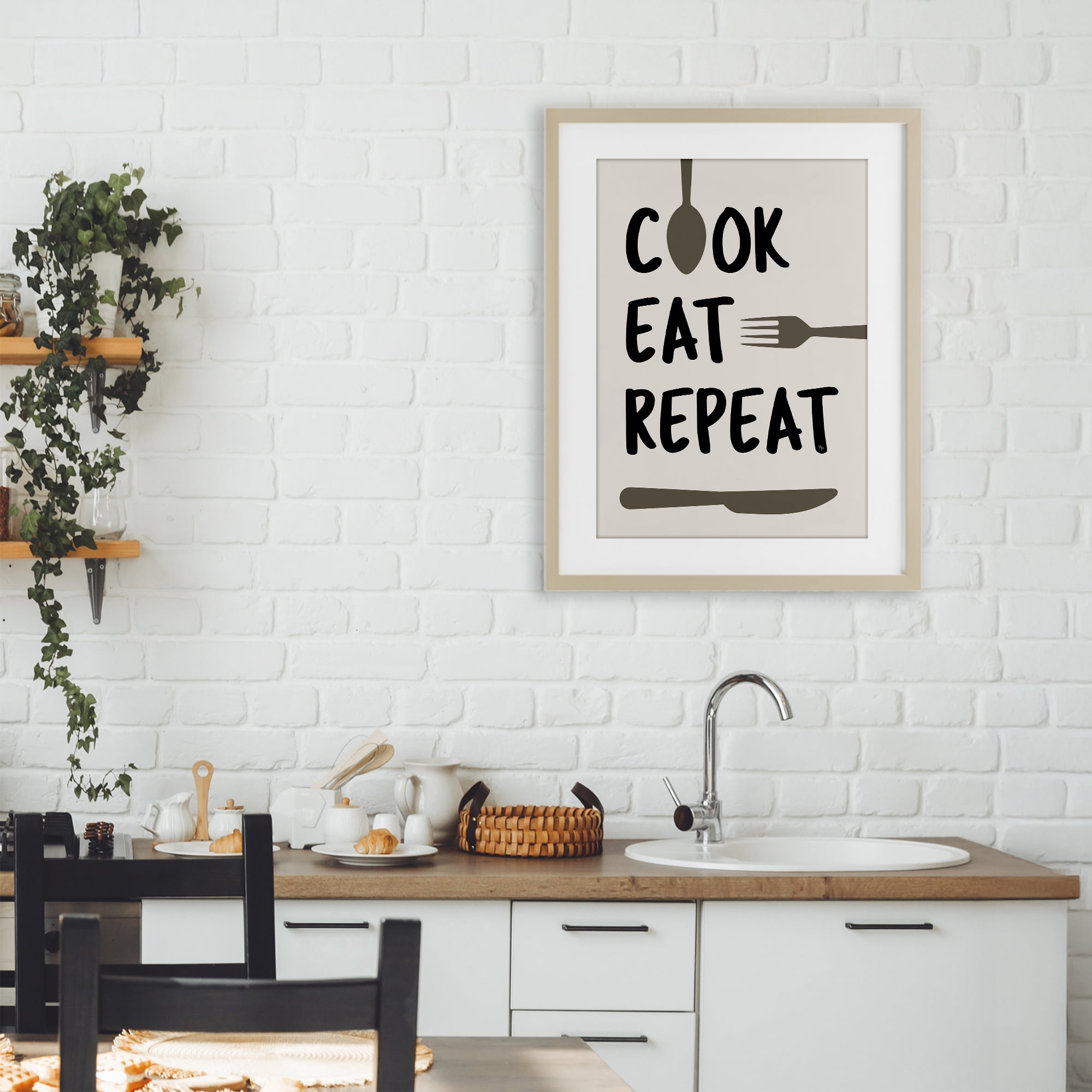 Stupell Industries Cook Eat Repeat with Utensils Birch Framed Print Under Glass, design by Martina Pavlova