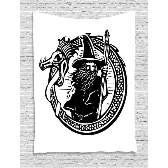 Wizard Tapestry, Woodcut Style Image of a Wizard in an Encircling Dragon Fantasy Myth Legend, Wall Hanging for Bedroom Living Room Dorm Decor, 60W X 80L Inches, Black and White, by Ambesonne