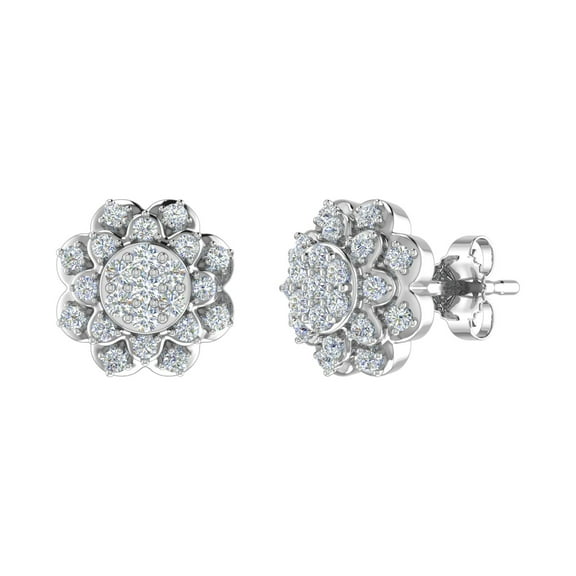 1/3 Carat Diamond Cluster Flower Stud Earrings in 14K White Gold (I1-I2 Clarity)