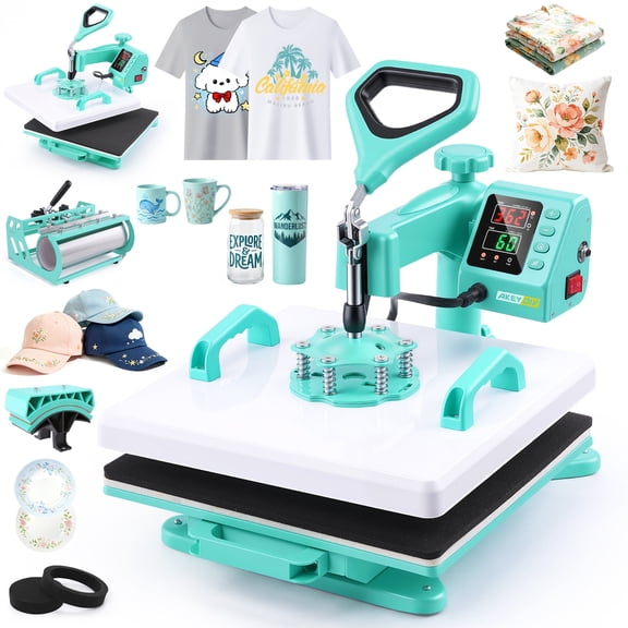 Adnoom Heat Press 15x15, 5 in 1 Multifunctional Shirt Press Machine Combo, 360° Swing Away Sublimation Heat Transfer with LED Display for T-shirts Mugs Hat Plate Cap, Green