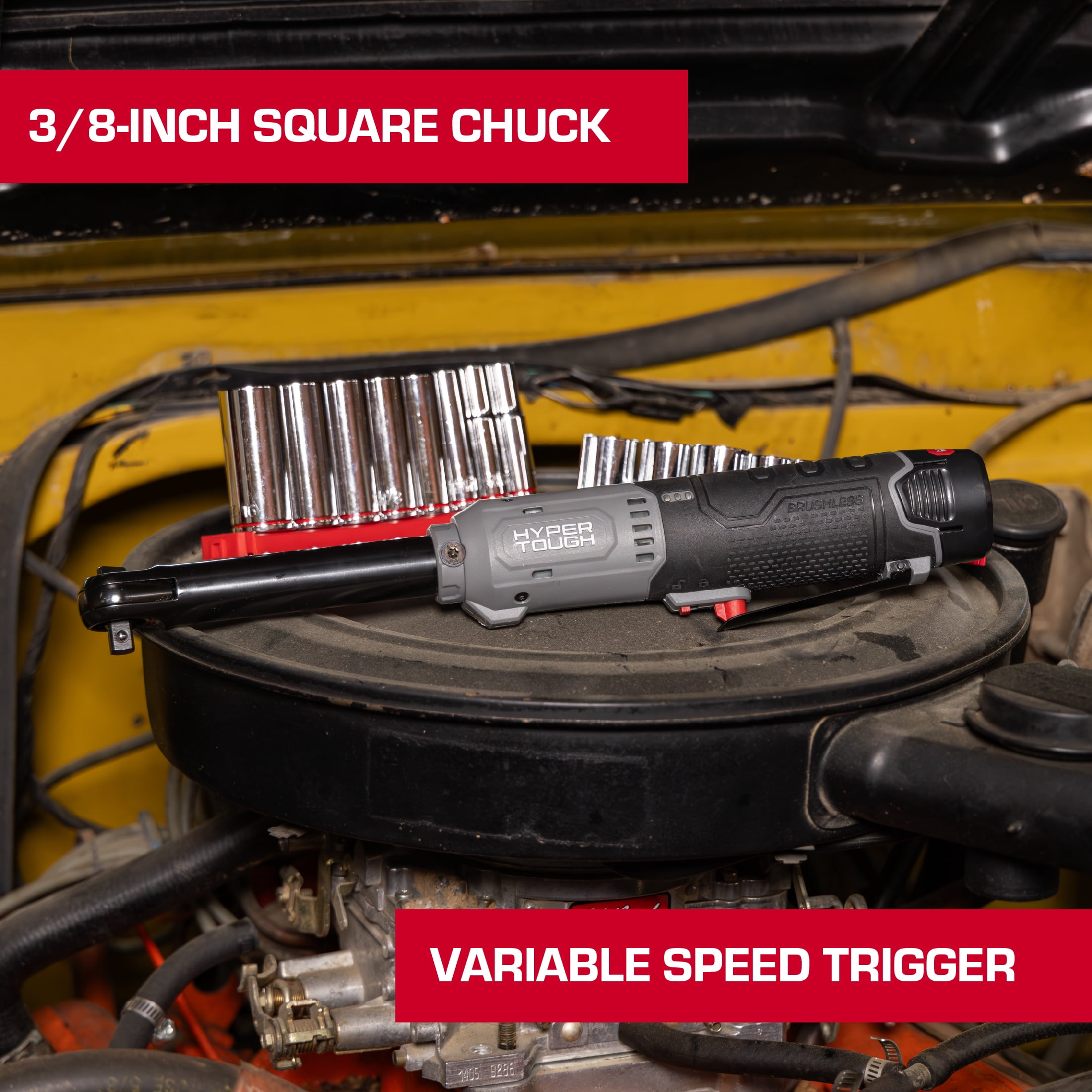 Hyper Tough 12V Max Brushless 3/8-inch Extended Reach Cordless Ratchet Wrench with 1.5Ah Battery