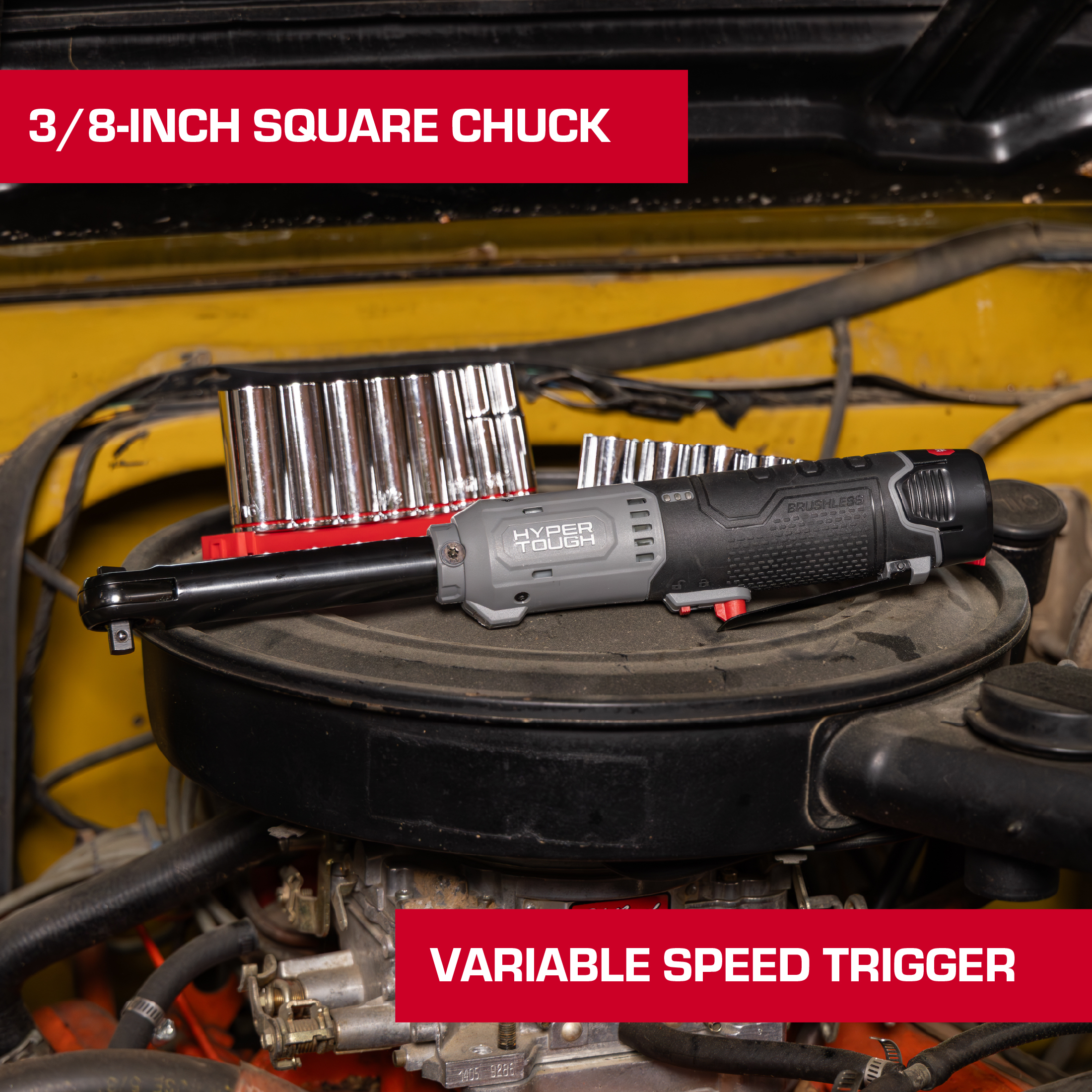 Llave de carraca inalámbrica Hyper Tough de 12V Max sin escobillas de 3/8 de pulgada de alcance extendido con batería de 1.5Ah 6