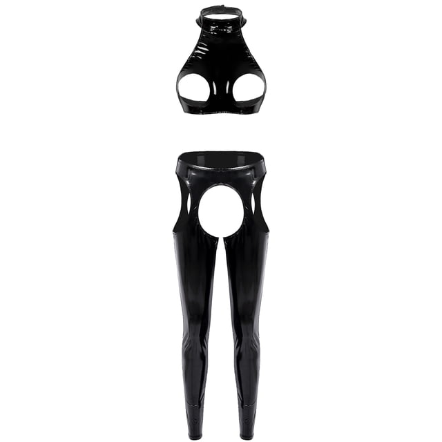 Doomiva Women's Solid Color PVC Leather Leggings Set Backless Halter Cami Top Crotchless Underwear Black S