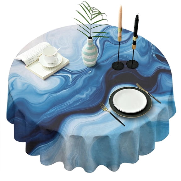 Light Blue Marble Flow Pattern Round Tablecloth 60"x60",Wrinkle Wipeable Table Cloth for Kitchen Dining Room Picnic Patio Party