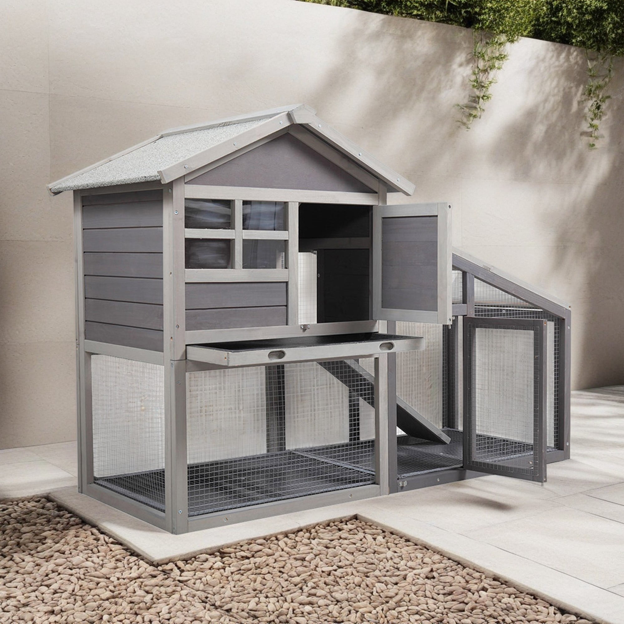 resenkos 56" Rabbit Hutch Outdoor, Indoor Rabbit Cage with Tray, Wood Bunny House, 2-Story Chicken Coops with Run, Gray