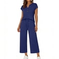 thumbnail image 2 of SEMPAI Travel Outfits for Women 2 Piece Sets Summer Lounge Short Sleeve Button V Neck Tops Drawstring Wide Leg Pants Set, 2 of 5