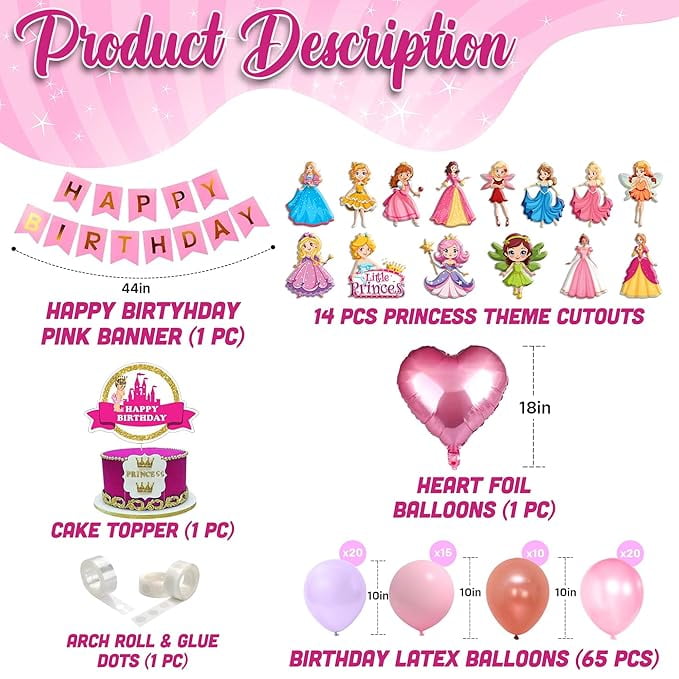 Tacobear Décoration Anniversaire Princesse Rose Décoration Fête Princesse Avec Couronne Ballon Nœud Papillon Décorations Cupcake Bannière Happy Birthday Pour Décoration Anniversaire Fille
