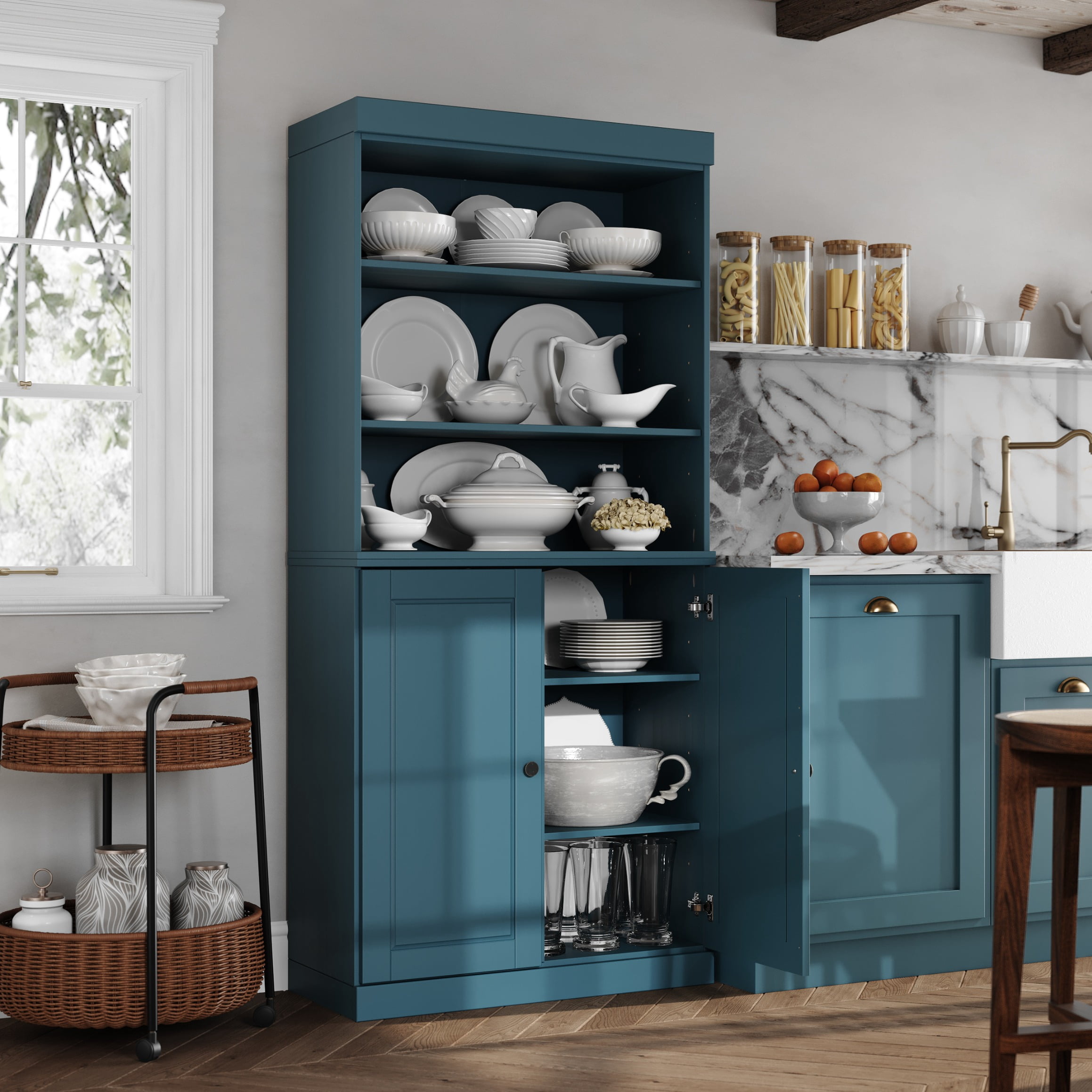 Palace Imports 100% Solid Wood 32" Kitchen Pantry Cabinet with Solid Doors, Teal Blue