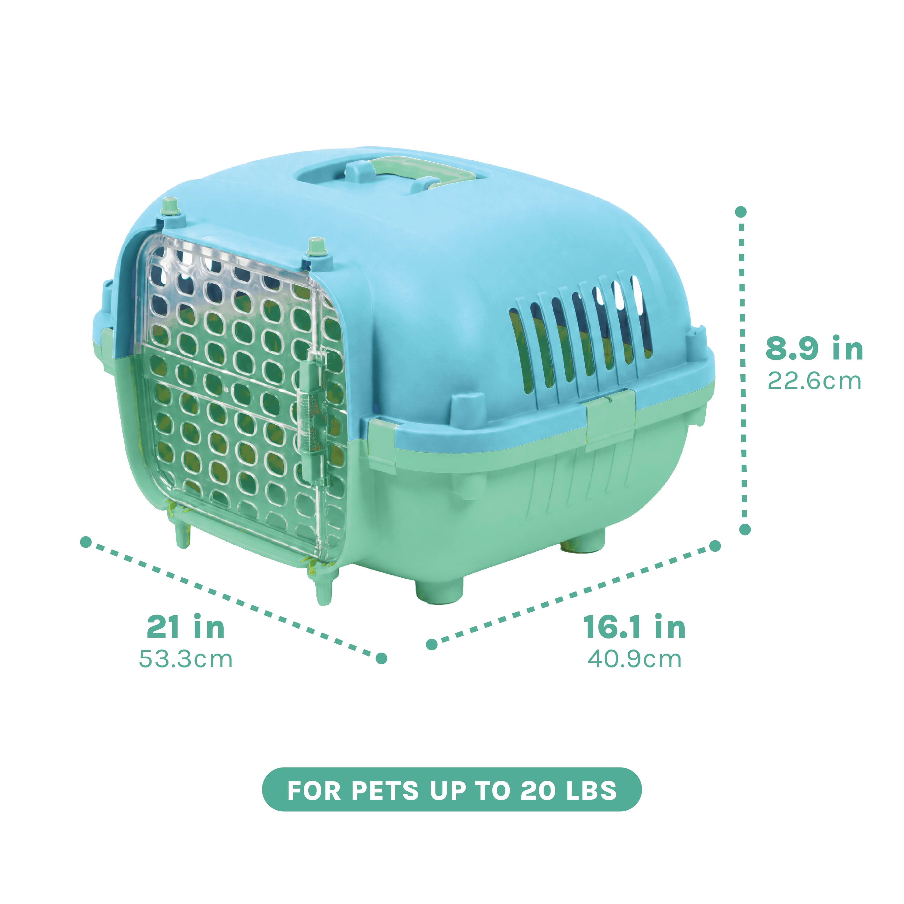 Kitty City 21" Oblong Durable Hard Sided Plastic Pet Kennel with Top Handle, Green, 20 lb Limit