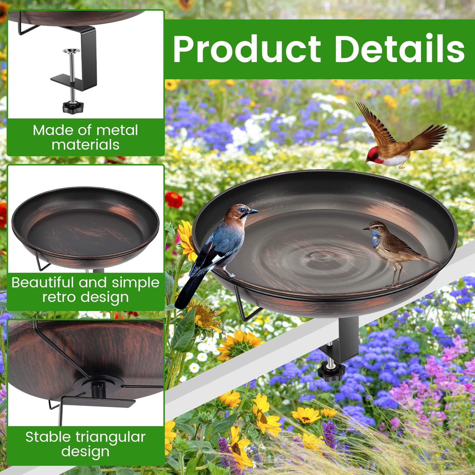 Threns Deck Mounted Bird Bath Bowl,12" Balcony Railing Birdbaths,Metal Birdbath for Outside with Sturdy Adjustable Clamp for Fence Outdoor Decor