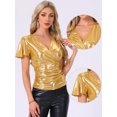 thumbnail image 2 of DARING DIVA Women's Metallic V Neck Ruffle Sleeve Shiny Wrap Blouse L Gold, 2 of 6